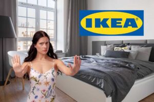 un letto una ragazza che fa no e la scritta ikea