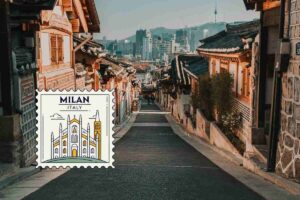 borgo con un francobollo stilizzato