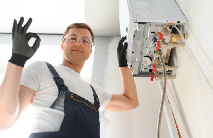 tecnico che controlla la caldaia e fa ok con le dita