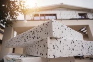 Una casa con il materiale del cappotto termico in primo piano
