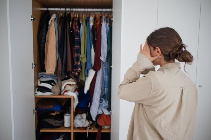 Donna guarda interno armadio con mano sul viso