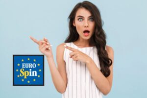 donna con espressione stupita e logo di eurospin