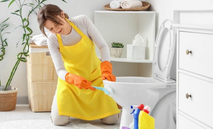 una signora che pulisce il bagno