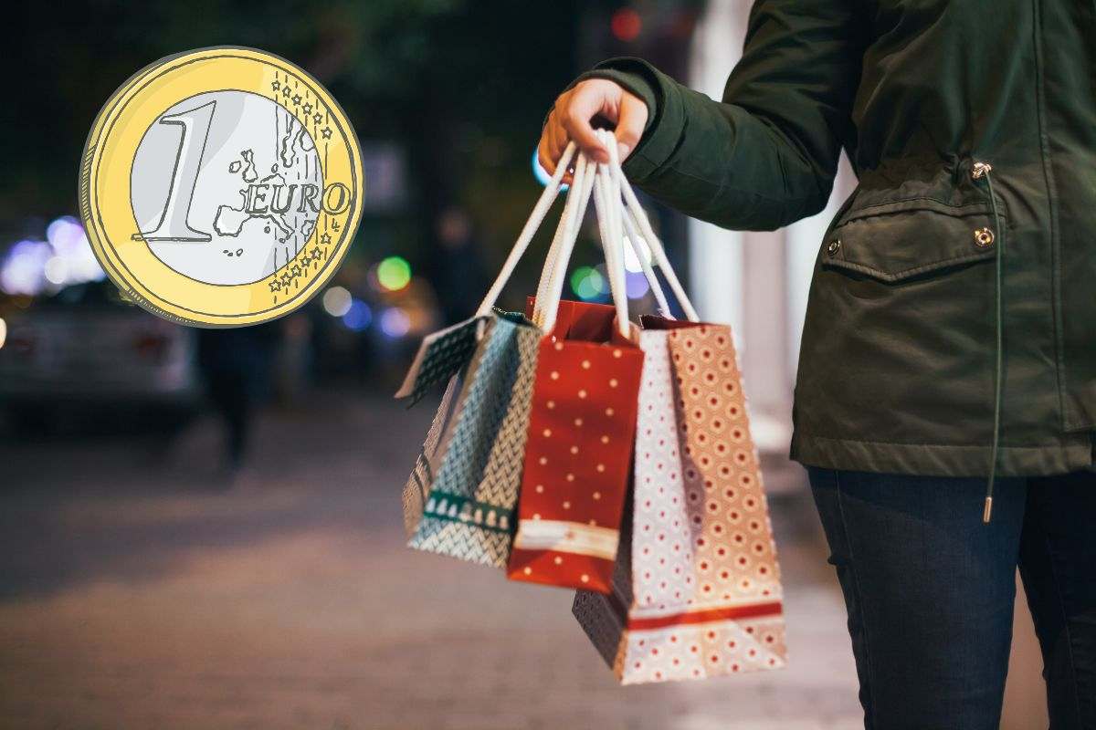 donna con acquisti natalizi e euro